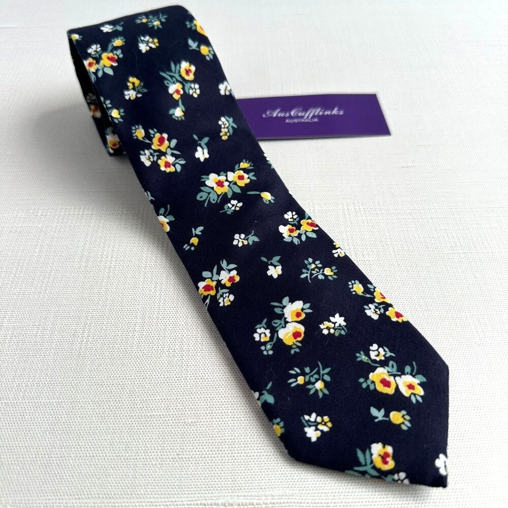 AusCufflinks Men’s Tie NWT Navy Cotton Floral Print Handmade